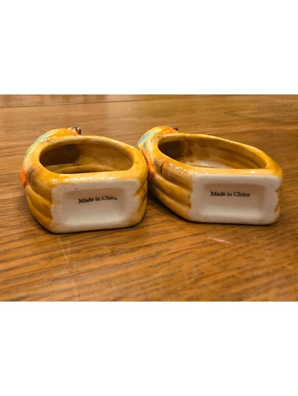 Ceramic Parrot Napkin Rings Pair  Yellow & Orange Tropical Tiki Bird